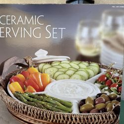 Ceramic Serving Set with Woven Basket Tray