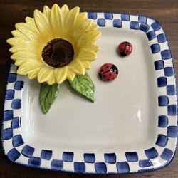Vintage Cali Pottery Ceramic Sunflower And Ladybugs Chip And Dip Platter 