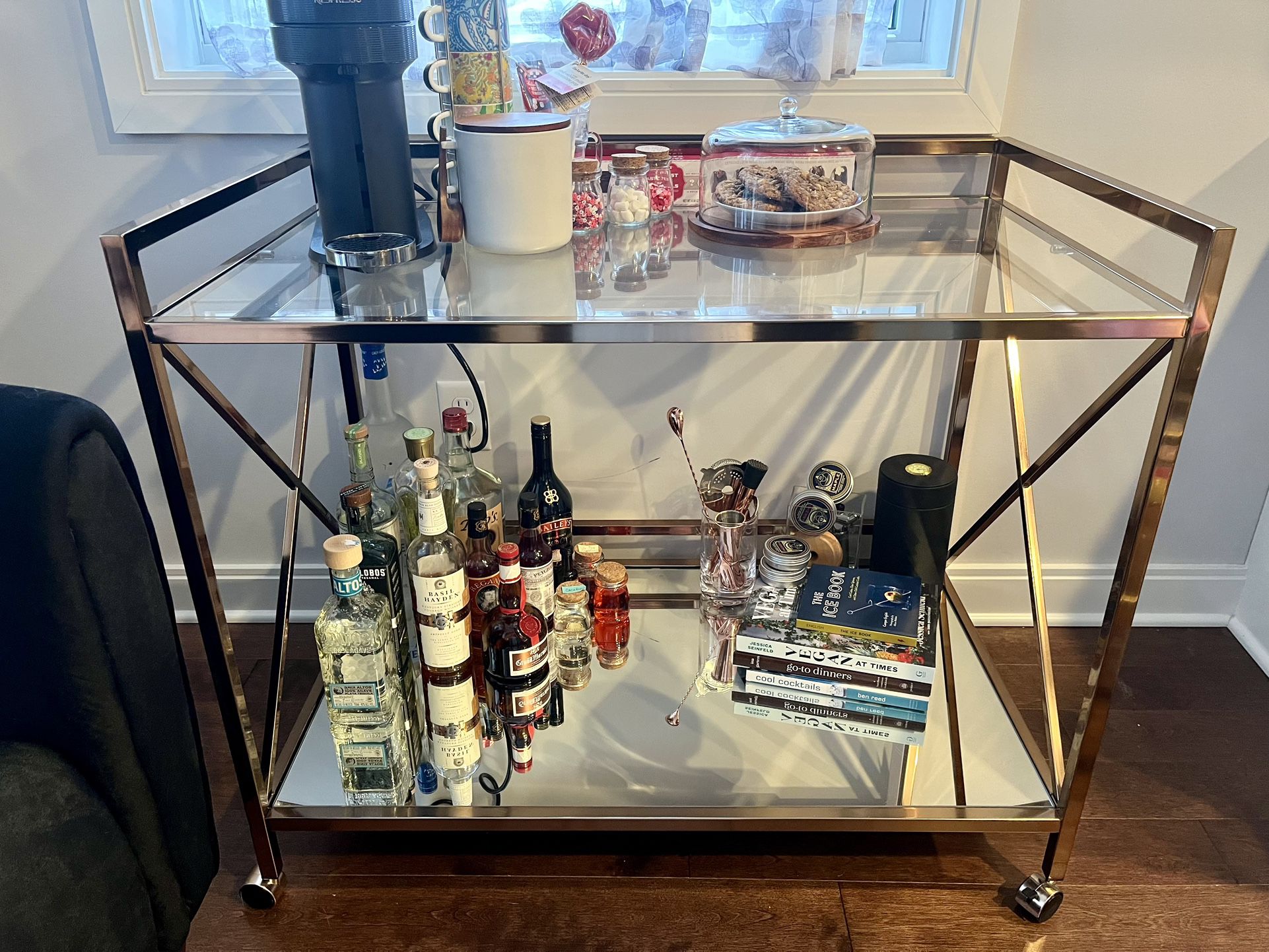 Two Tiered Glass/Mirror Brass Rolling Bar Cart