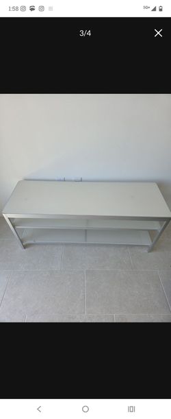 Gettorp TV stand, white glass top and aluminum frame
