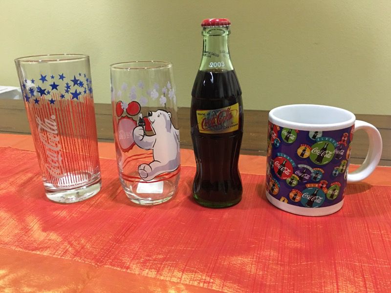 2003 COCA-COLA BOTTLE FROM LAS VEGAS, 2 DRINKING GLASSES, 1 mug