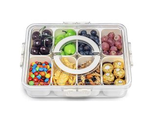 Air-Tight Snackle Box Container –Divided Serving Tray with Lid & Handle–Clear Snack box for Fruits, Candy & Nuts–Portable for Travel & Daily Use (8 In