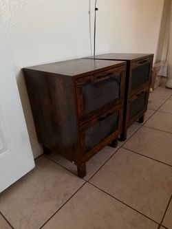 Dark Wood Storage Cabinets with Mesh Drawers – Set of 2