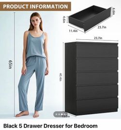 Black 5-Drawer Dresser for Bedroom