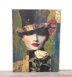 Elegant Woman with Floral Hat, Green & Red Patterned Wall Art 🌺Please Read Description