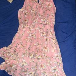 Floral Dress medium sleeveless tiered Pink with Yellow & tangerine flowers, XL
