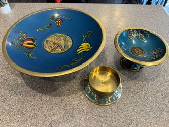 Judaica Vintage 1950’s/1960’s Dishes And Candle Holder Enamel Collection - Made In Israel