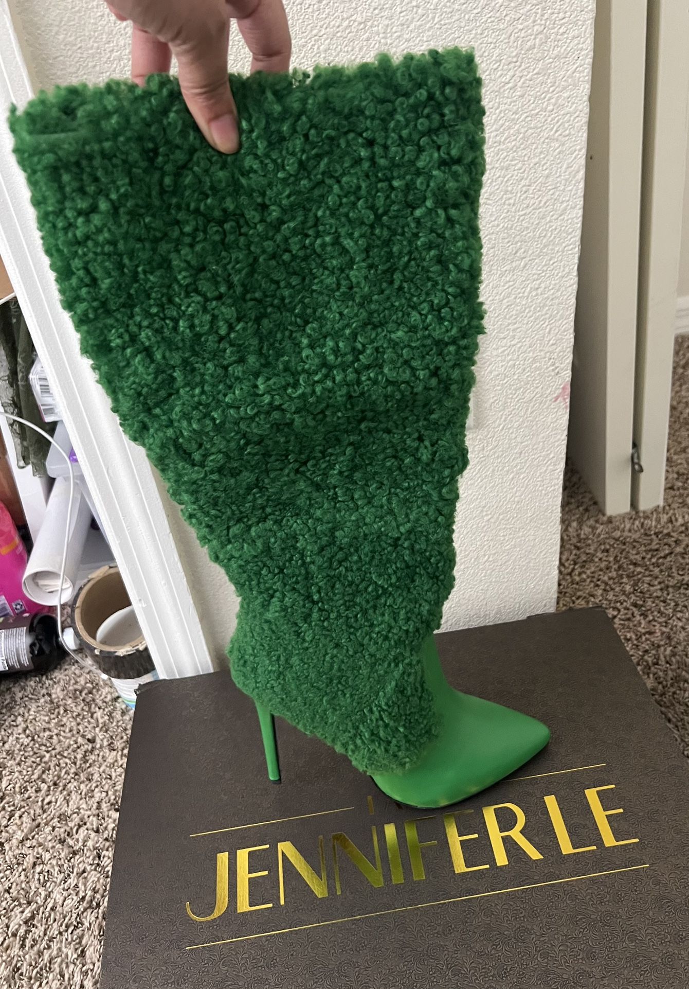 Green Shearling x Leather Below Knee Boot
