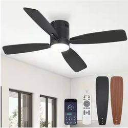 52" Integrated LED Indoor 6-Speed Black Flush Mount Ceiling Fan, Light & Remote