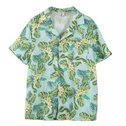 Amazhiyu Men's 100% Linen Floral Hawaiian Tropical Button Down Shirts Short Sleeve Tops Floral Green, Medium