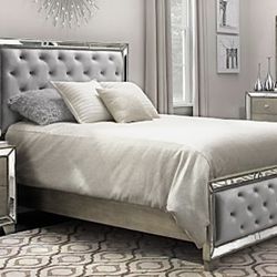 Queen Velvet Gray Tufted Mirrored Bed frame 