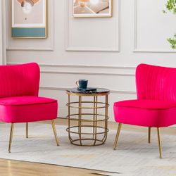Velvet Accent Chair Set of 2 Comfy Living Room Chair Armless Slipper Chair Mid Century Side Single Sofa Chair with Golden Legs Wingback for Bedroom Gu