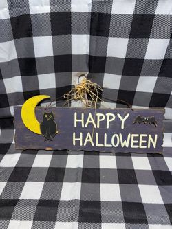 Happy Halloween Sign Wood Owl , Bat & Moon on Wire Hanger Decor