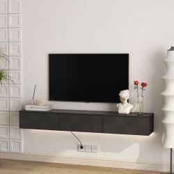 67” Black Modern Designed Panel Floating / Wall-Mounted TV / Media Stand w/ LED Lights & Storage Cabinets [NEW] **Retails for $270 ^Assembly Req^