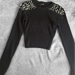 VIVID Black Ribbed Crop Sweater with Faux Pearls