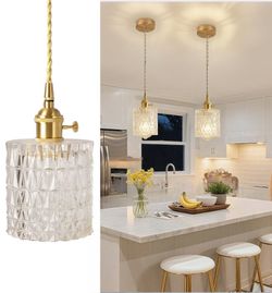 Set Of 2 Vintage Nordic Single Head Pendant Lights Brass Body Crystal Glass Shade