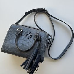  Tory Burch Gray Croc-Embossed Mini Satchel