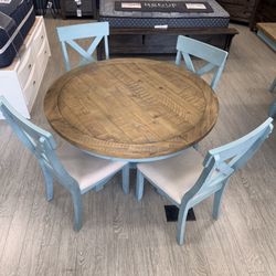 French Blue Solid Wood Round Five Piece Dining Set