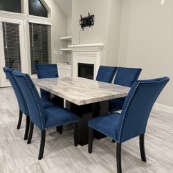 Marble Dining Table With 6 Velvet Dining Chairs