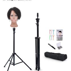 Wig Stand Tripod Mannequin Head Stand, Adjustable Holder for Cosmetology Hairdressing Training with T-with Caps, T-Pins, Comb, Hair Clip, Carrying Bag