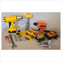 Kids Toy Tool & Vehicle Lot – Drills, CAT Trucks, Monster Trucks & Accessories