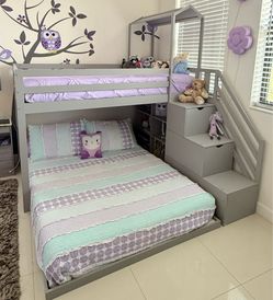 Twin over Full House roof Bunk bed, wood Bunk Bed with shelves and staircase
