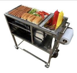 Carrito para Hot Dogs / Carrito de Acero Inoxidable con Plancha de Aluminio de 20" / Propano / Portátil de 4 Ruedas / Carrito de Comida Callejera para