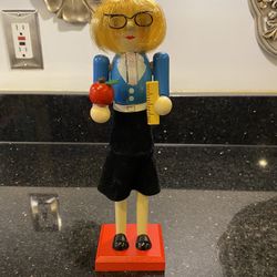 Nutcracker Handcrafted Wood Bob Blonde Hair School Teacher 10” Tall Apple Ruler