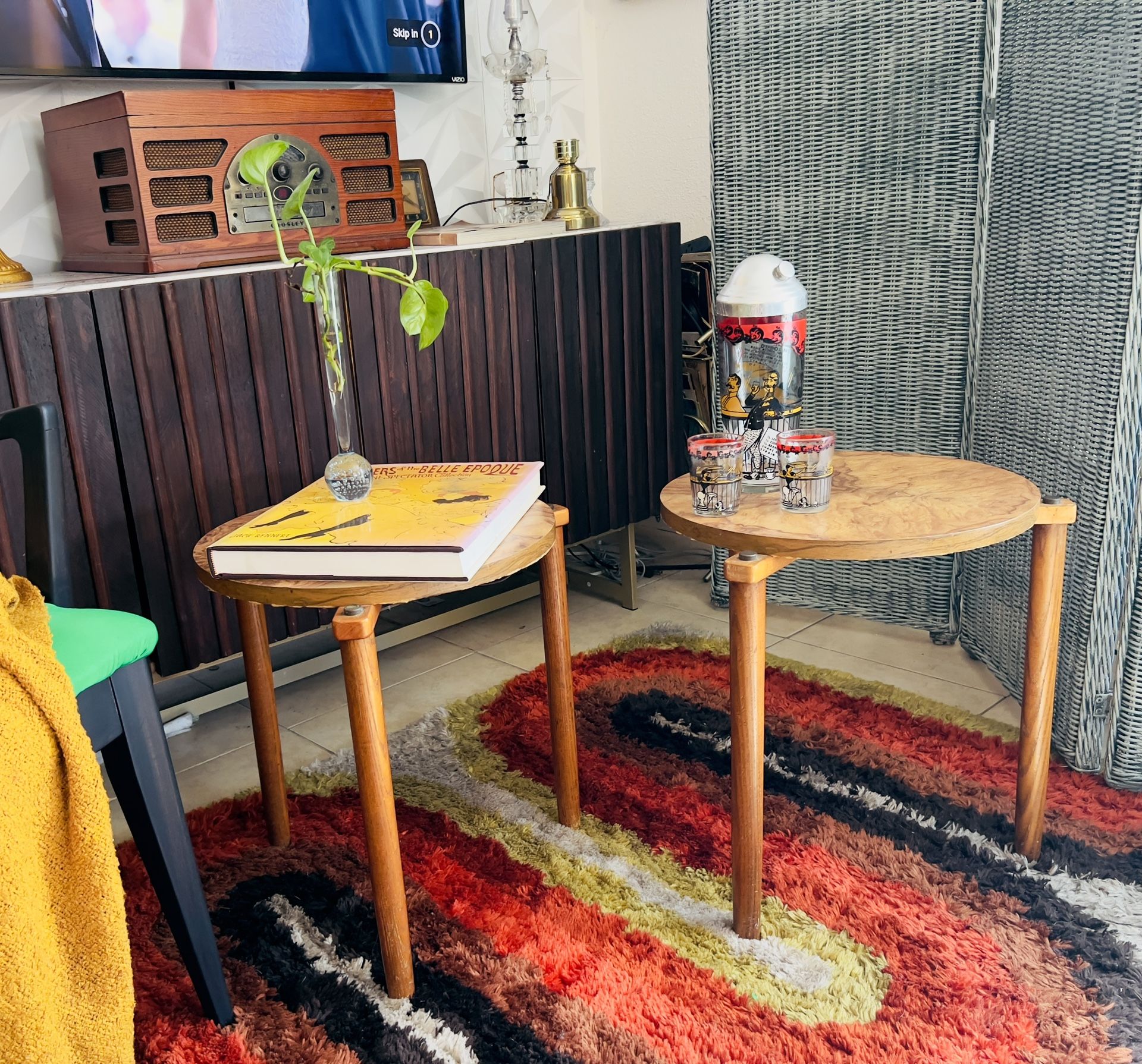 1970s Set of Two With Screw on Maple Peg Legs and a Faux Bois Laminate Top Formica