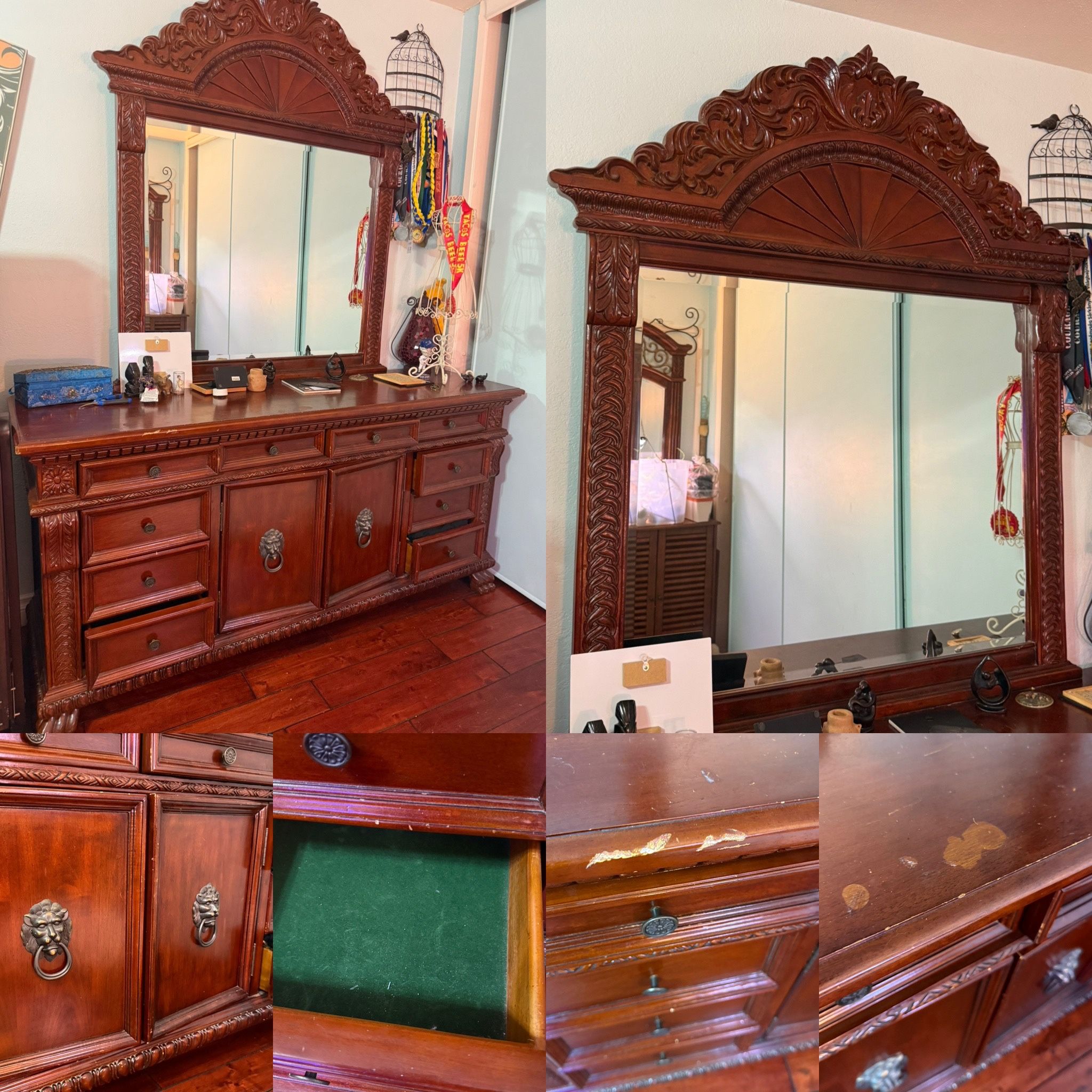 Hand-crafted cherry stained wood vanity dresser(71 inches by 35 inches) with mirror