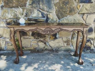 Smoke Glass Narrow Pecan Pretty Wood Grains Ball and Claw Foot Entry Table