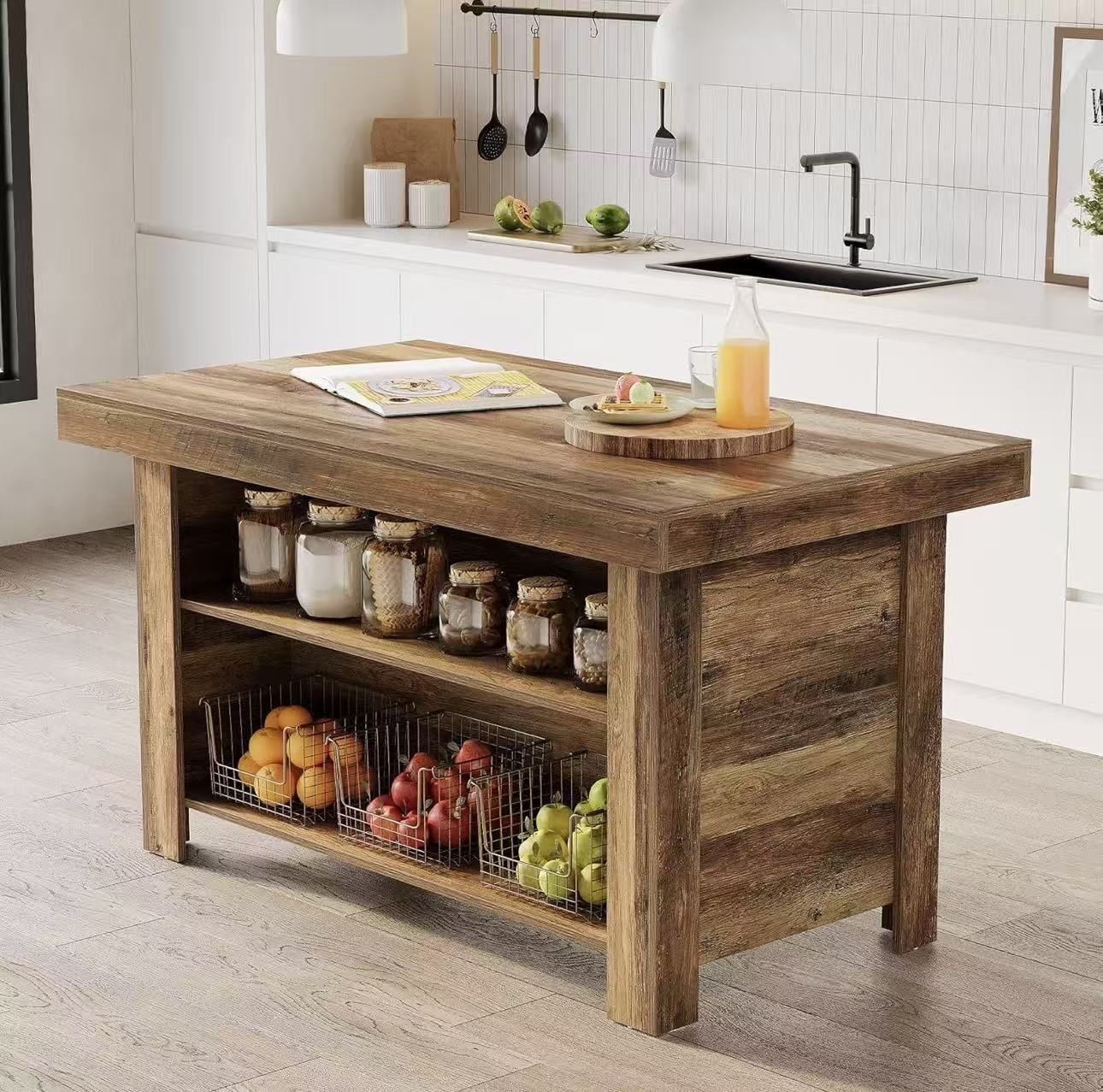 JW1102 55 Inches Kitchen Island with Storage, 3-Tier Farmhouse Wooden Stationary Island Table with Large Worktop & Leg Room, Modern Coffee Bar Table w