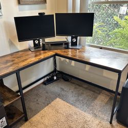 Rustic Brown Top And Black Metal Legs- L-Desk 