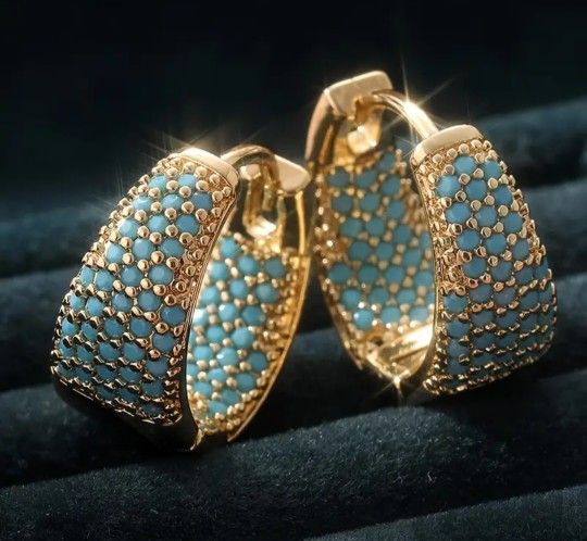 Exquisite Micro Pave 14K Gold Plated Turquoise Cubic Zirconia Double Layer Hoop Earrings
