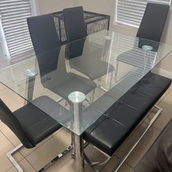 Modern Dining Table + Black Leather Bench