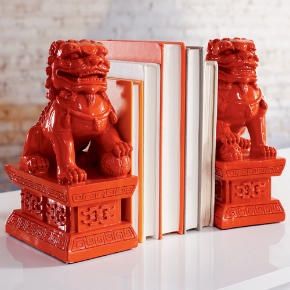 CB2 Vintage Red Orange Fu Dog Bookends - 1 Pair