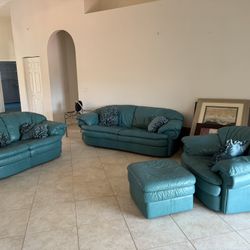 Leather Aqua Couch, Loveseat, Chair, And Ottoman And Pillows 