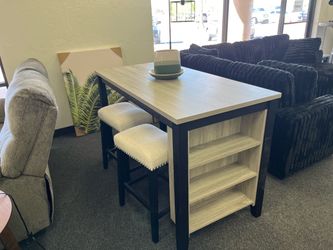 Counter Height Table with Shelves and 2 Stools