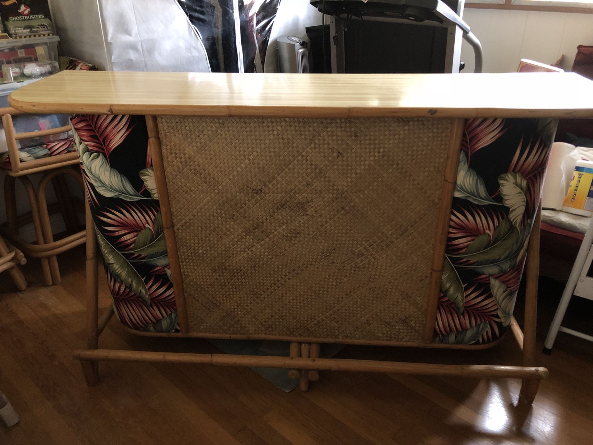 Classic Vintage Rattan “Tiki Bar” with 3 Matching Bar Stools