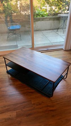 Modern Wood and Metal Coffee Table with Leather Magazine/Book shelf