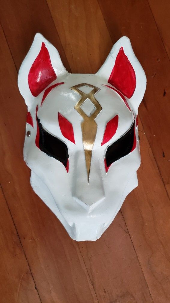 Paper Mache Fox Mask With White, Gold, Red, And Black