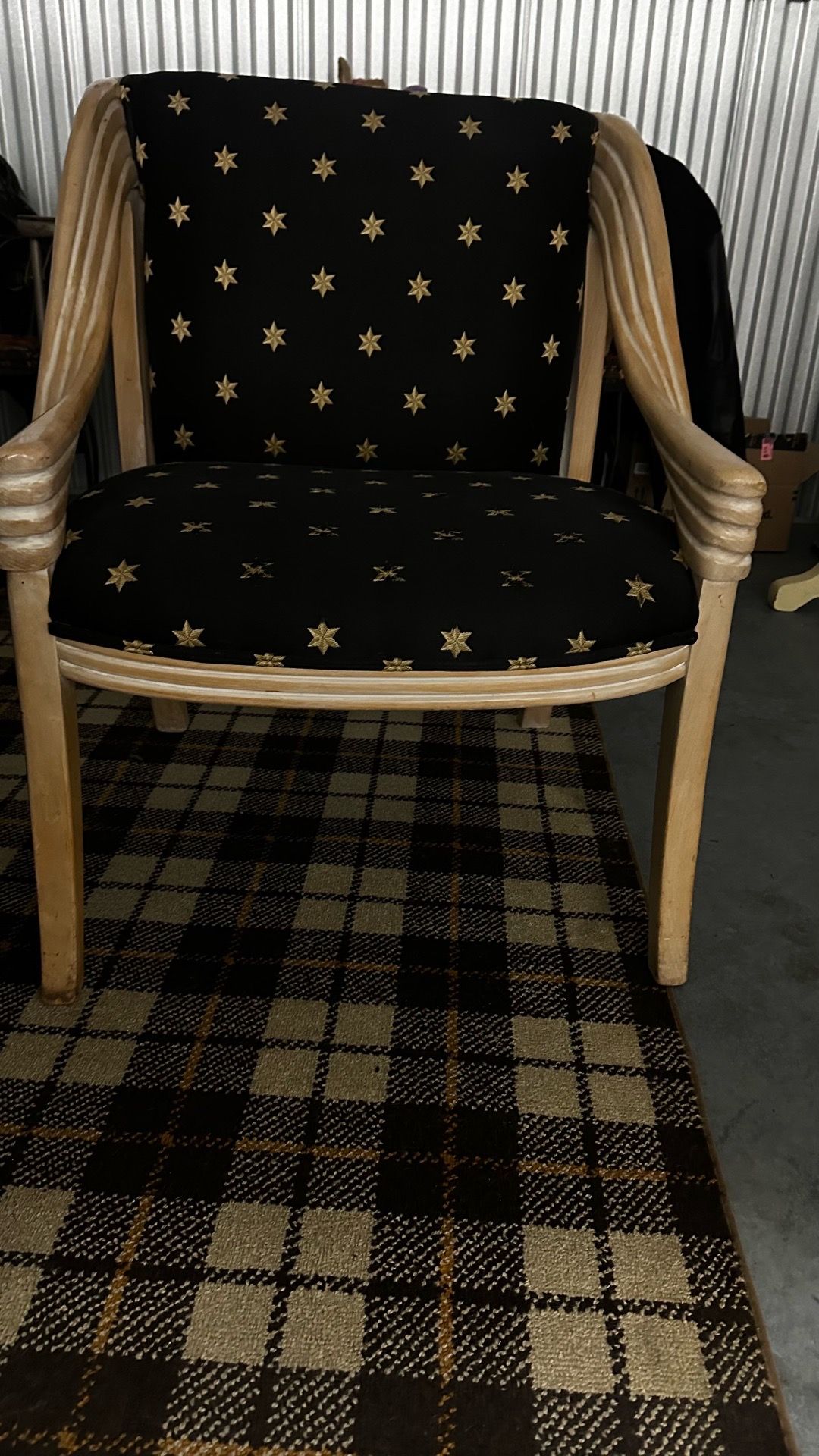 Wood armchair, Weiman hand-carved rattan-form lounge chair with ivory/cream finish and black star-patterned upholstery