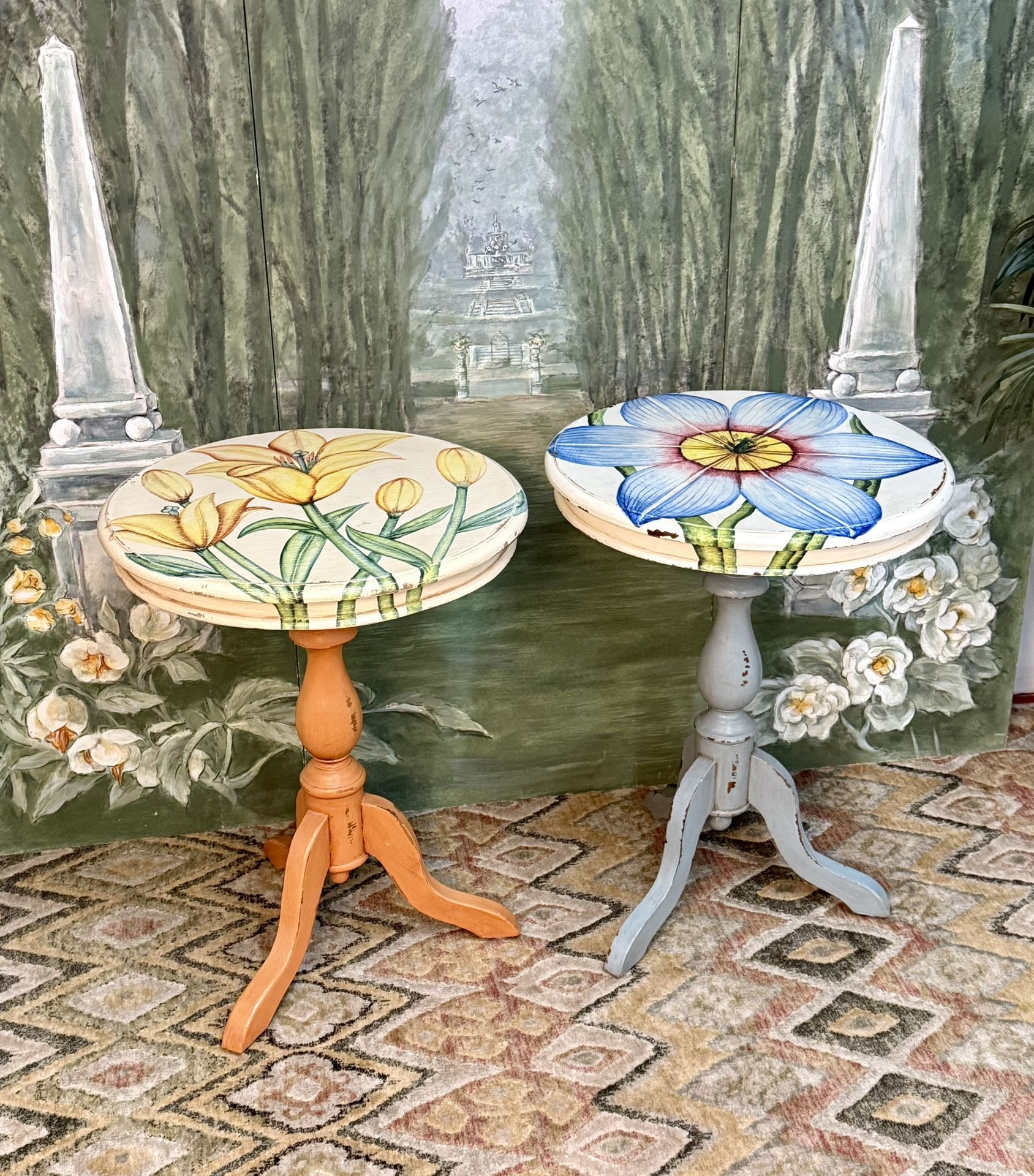 Pair Of Hand Painted Flower End Tables