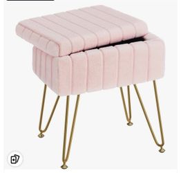 Pink Faux Fur Vanity Stool with Storage & Gold Metal Legs