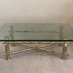Antique Vintage Mid Century Modern Hollywood Regency Gold Glam Thick Faux Bamboo Base Glass Top Coffee Cocktail Table