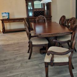Wooden Dining Table Set With Chairs & Hutch