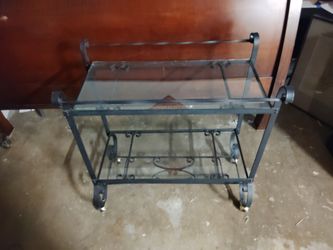 Really cool '60s retro Spanish style bar cart wrought iron with glass tops heavy construction