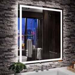 $80- 32 X 28 framed LED Bathroom Mirror, 3 Dimmable Lighting Colors