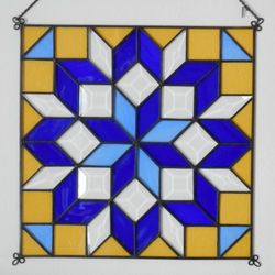 Antique Stained Glass Prismatic Suncatcher Panel w/ Art Deco Geometric Pattern