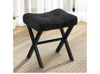 Memobarco 18-Inch Vanity Stool Chair, Vanity Bench with Metal X-Legs, Ottoman Accent Stool with Breathable and Soft Boucle Fabric Saddle Seat, Black